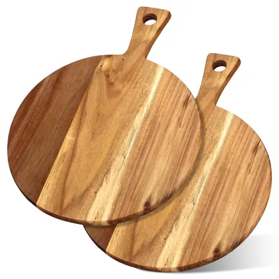 2er Set runde Pizzaplatte 30 cm Akazienholz mit Griff