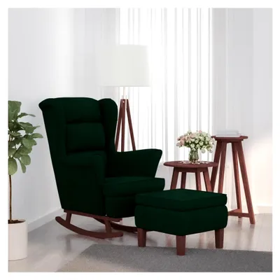 Produktbild von Wilood Schaukelstuhl Sessel Relaxsessel Schaukelsessel Wohnzimmersessel und Hocker mit Holzbeinen Dunkelgrün Samt