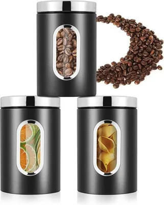 Produktbild von Vorratsbehälter-Set aus 3 für Mehl, Zucker, Muesli, Tee - metallischer luftdichter Behälter mit Sichtfenster Vorratsbehälter