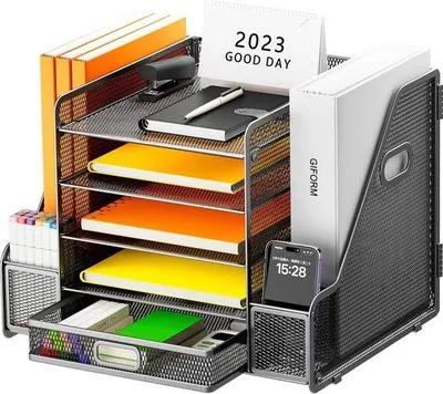 Produktbild von Famanu Büro-Organizer mit Aktenhalter, 5-stufiger Papier-Organizer mit Schublade, Schwarz