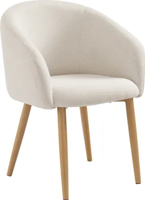 A single beige upholstered chair with wooden legs against a white background.