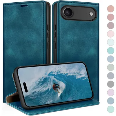 Immagine prodotto di Custodia a libro per iPhone Air 6.5" con portacarte, protezione RFID, realizzata in ecopelle, con funzione stand, color turchese