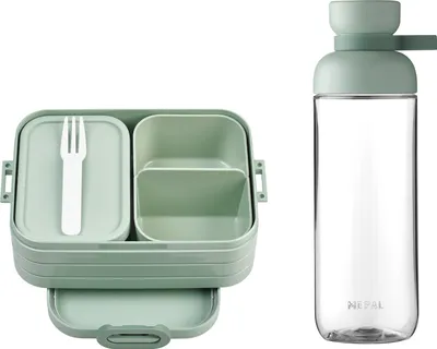 Produktbild von Mepal - Lunch set TAB / Vita - Bento Brotdose Midi und Trinkflasche - Für 2 Sandwiches / 4 Brotscheiben - Wiederbefüllbare Trinkflasche - Brotdose Erwachsene Essenbox mit Fächern - 1.6 l - Nordic sage