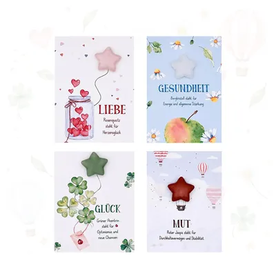 Produktbild von Taschenglück Affirmationskarten mit 4 Edelsteinen in Sternform – Glücksbringer Set