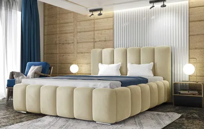 Zdjęcie produktu dla Łóżko tapicerowane AGMAT BALI z wezgłowiem, 160 x 200 cm, łóżko podwójne z podstawą łóżka i stelażem z metalowych listew, tkanina welurowa: beżowy