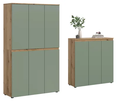 Image de Scarpa ensemble de chambre à coucher armoire et buffet, 9 portes chêneReproduction, vert poussiéreux.