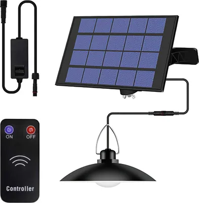 A solar-powered pendant light set with a solar panel, a pendant lamp, a remote control, and connecting cables.