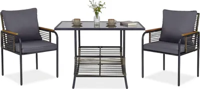 Immagine prodotto di Set di mobili da giardino in polyrattan COSTWAY, set di mobili da balcone 3 pezzi con cuscini, tavolo e 2 sedie, mobili da terrazza, mobili da salotto per esterni grigio