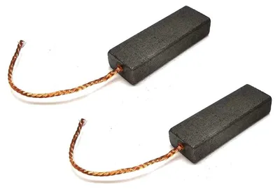 Two carbon brushes with copper wires on a white background.