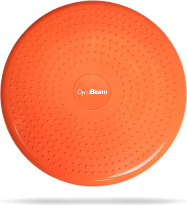 A top-down view of an orange balance cushion with a textured surface and a circular logo in the center.