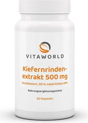 Produktbild von Vitaworld Kiefernrindenextrakt 500 mg | 60 Kapseln | 95% OPC | hochdosiert | gewonnen aus See-Kiefer | vegan