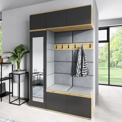 Produktbild von Garderoben-Set "MIKA" Kleiderschrank mit Polsterplatten Schuhschrank Schrankaufsatz und Hängeschrank – Ideal für Flur (Artisan/Schwarz, Trinity 14)