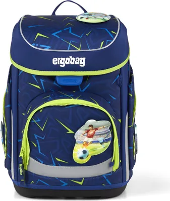 A blue backpack with a soccer-themed design and the brand name 'ergobag' printed on it.