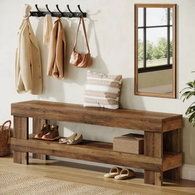 Produktbild von Tribesigns Massivholz Flurbank 150 cm, 2-stöckige Schuhbank mit Ablage, Landhaus Stil, Lange Sitzbank für Eingangsbereich, Wohnzimmer, Braun