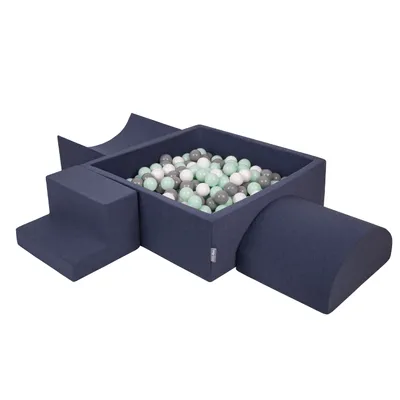 Image de KiddyMoon aire de jeux en mousse avec piscine à balles carrées (200 balles) fosses de balles pour bébés piscine de jeux courses d'obstacles, fabriqué en eu, bleu foncé:blanc/gris/minze