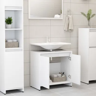 A clean, modern bathroom vanity set with a sink and storage cabinets.
