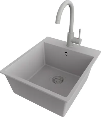 Produktbild von PRIMAGRAN Granitspüle Grau 43x50cm, Spülbecken 1 Becken + Küchenarmatur 32x20cm + Ablauf-Set, Küchenspüle ab 45er Unterschrank - Riga