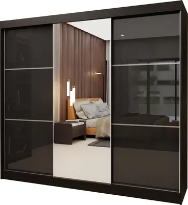 Produktbild von Masseno Schiebetürenschrank VITALE 240 cm Kleiderschrank mit 4 Schubladen Schlafzimmer Schrank 3-türig mit Spiegel und Lacobel Schwarz