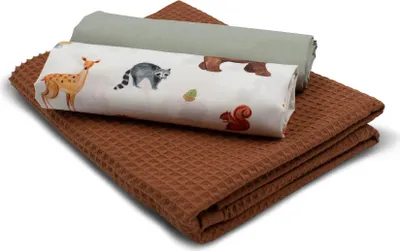 Produktbild von Waldtiere Set 70 Waffelstoff Set  1x Waffelstoff + 2x  Baumwollstoff Druck und Uni  je 0,5m x 1,5m Stoffpaket DIY Projekt