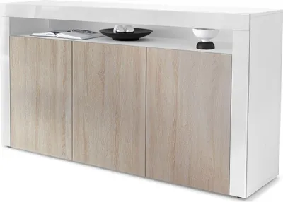 Produktbild von Vladon Sideboard Valencia,  Germany, Kommode mit 3 Türen und 1 offenem Fach, Weiß matt/Eiche sägerau/Weiß Hochglanz (155 x 92 x 40 cm)