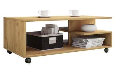 A wooden coffee table with shelves and wheels, displayed on a white background.