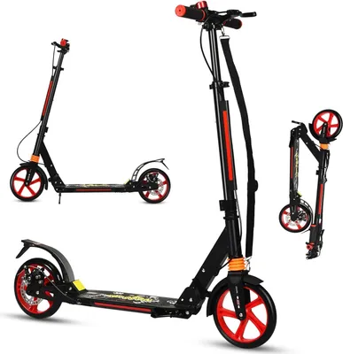 Obrázok produktu pre KOMFOTTEU Skladacia kolobežka s 2 kolieskami a brzdou, s 3 nastaviteľnými výškami, skateboard, nosnosť do 100 kg, pre deti od 8 rokov a dospelých