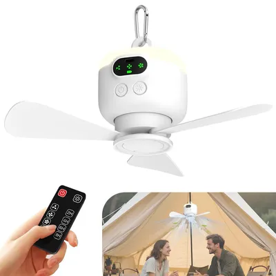 Produktbild von Ladebarer Ventilator, Hängelüfter mit Fernbedienung, 3 Windstufen, 2/4/8 Std. Timer, sanftes Nachtlicht, tolles Geschenk fürs Camping