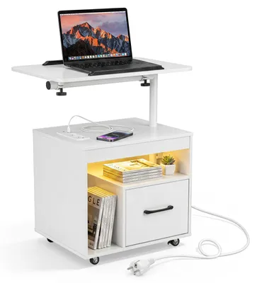 Obrázok produktu pre Nočný stolík COSTWAY s nabíjacou stanicou a osvetlením, doplnkový stolík s naklápateľnou doskou, zásuvkou, otvoreným odkladacím priestorom a kolieskami, biela farba