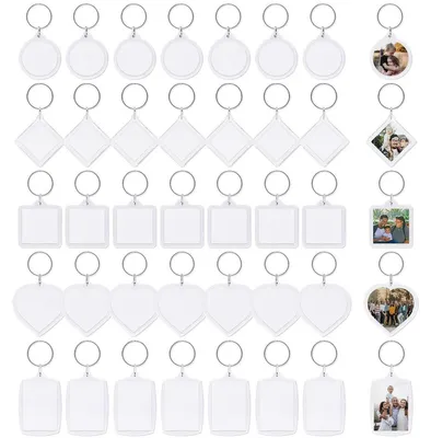 Image de Porte-clés en acrylique avec cadre photo, lot de 40 pièces, 5 formes différentes, transparent, idéal pour cadeaux personnalisés