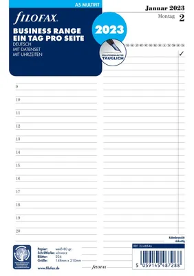 Produktbild von Filofax Kalendereinlage A5 Multifit Business Range: Ein Tag pro Seite 2023 deutsch mit Datenset und Uhrzeiten