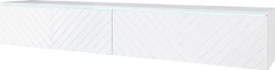 A white TV cabinet with a herringbone pattern on the doors and a subtle light strip along the top.