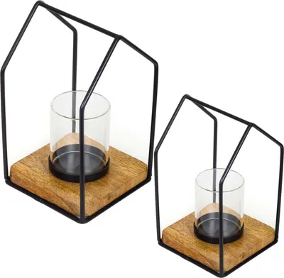 Produktbild von MARRAKESCH 2er Set Teelichthalter Lichthaus 20 & 25cm aus Metall Holz und Glas Windlicht Boie als Tischdeko