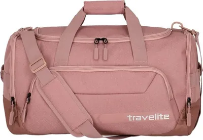 A pink duffel bag with brown accents is shown against a white background.