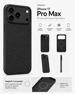 Obrázok produktu pre Puzdro na iPhone 17 Pro Max, kompatibilné s technológiou MagSafe, vyrobené z polykarbonátu s dizajnom imitujúcim aramidové vlákno, s zvýšenou ochranou fotoaparátu