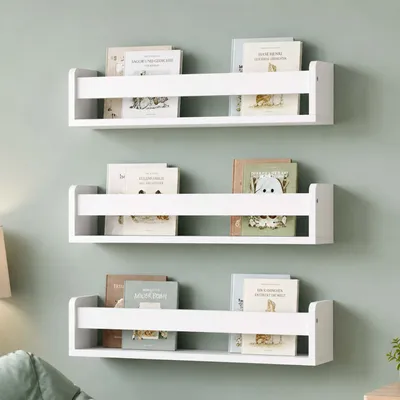 Produktbild von Relaxdays Kinderregal im 3er Set, Bücherregal für Kinder, Wandmontage, HxBxT: 10 x 58 x 12 cm, Regal hängend, weiß