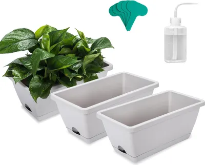 Produktbild von 3er Set Fensterbank Pflanzer mit Drainage Tray Pflanzenlabel & Gartenwerkzeug Rechteckig Plastik Blume Gemüse Kräuter Topf Box Fensterbank Garten Balkon Sukkulente Kaktus Home Office Küche Veranda Dekor Grau