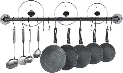 Image de Crochet de cuisine industriel de 100 cm avec 14 crochets en S amovibles, noir, fixation murale