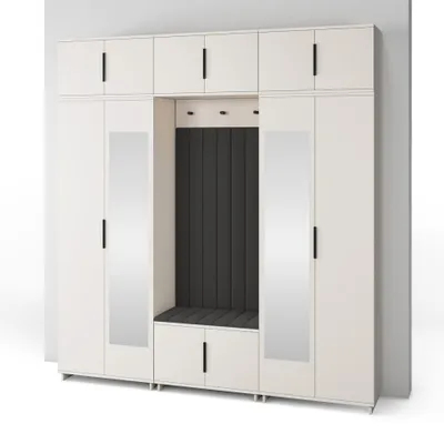 Produktbild von Garderoben-Set Napoli Version 12: Kleiderschrank mit Polsterpaneelen, Schuhschrank und Schrankaufsatz Flur und Eingangsbereich (Cashmere/Trinity 16)