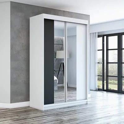 Produktbild von Schwebetürenschrank, 2-türig Schrank mit Spiegel! Moderne Garderobe für Kleidung. Verschiedene Farben (Weiß, Schwarz, Somona) Kleiderschrank NEO 120 cm