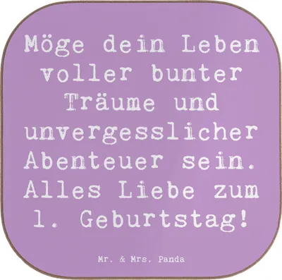 Produktbild von Mr. & Mrs. Panda Flaschenuntersetzer Spruch Alles Liebe zum 1. Geburtstag - Lavendeltraum - Geschenk, Alter, Untersetzer für Gläser, Holzuntersetzer, herzliche Wünsche