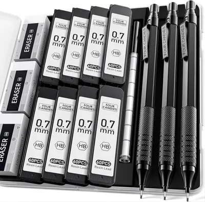 Produktbild von Druckbleistift-Set 0,7mm mit Etui und 480 Minen HB-Minenminen Ingenieure, Schwarz