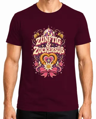 Imagen del producto de Camiseta para hombre, estilo tradicional alemán, con motivos de "Volksfest" y "Wiesn", diseño de "lederhosen" (pantalones de cuero), color burdeos, talla XXL