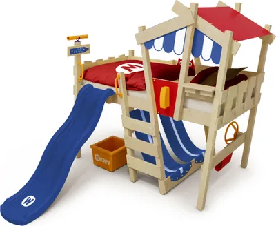 Produktbild von WICKEY Kinderbett Hochbett CrAzY Hutty mit Rutsche Hausbett 90 x 200 cm, Etagenbett - blau
