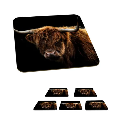 Produktbild von KitchenYeah® Glasuntersetzer Quadratisch 6er Set Schottisches Hochlandrind - Hörner - Schwarz - Tiere - Natur - Wild - Kuh 10x10 cm Untersetzer für Gläser - Getränkeuntersetzer - Tischplattenschutz -