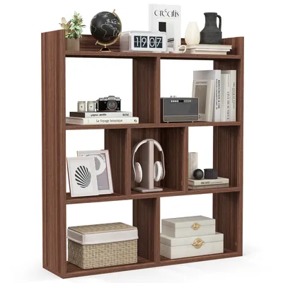 Produktbild von GOPLUS Geometrisches Bücherregal, Würfelregal mit 7 Fächern & Ablagen, Aufbewahrungsregal mit offener Rückseite, Raumteiler Regal Standregal für Wohnzimmer, Arbeitszimmer & Büro (Walnuss)