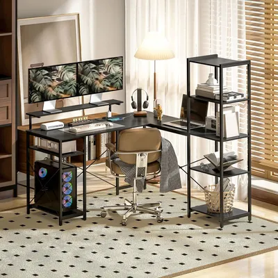 Immagine prodotto di okwish Scrivania angolare a L per computer con stazione di ricarica integrata, scrivania per ufficio con supporto per monitor per casa, ufficio, nero