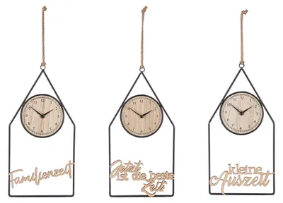 Zdjęcie produktu dla Ścienna dekoracja "Zegar", motyw: dom, napis "Czas", wykonana z MDF i metalu, kolor: czarny i naturalny, wymiary: szerokość 18,5 cm, wysokość 36 cm, głębokość 3 cm. Numer produktu: 55881. Kod kreskowy: 4063387558812. Opakowanie zawiera 3 sztuki (sortowane)