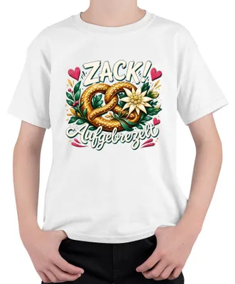 Produktbild von Zack Aufgebrezelt Brezel Edelweiss Lederhose Dirndl Kinder T-Shirt, Weiß, 128
