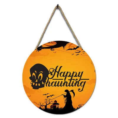 Produktbild von Halloween-Türschild robustes Anti-Fade-Wiederverwendbar mit Seilrund-Szenen-Layout Holzkürbis Fledermaus Spukhaus Willkommen Türplatte Anhänger für Party-E