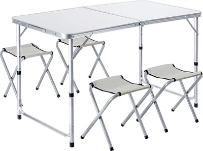 Produktbild von Camping-Set - Campingtisch klappbar 120 cm + 4 Campingstühle - 5‑in‑1 Campinggrill - Tragbar - Leicht und kompakt - Für draußen
